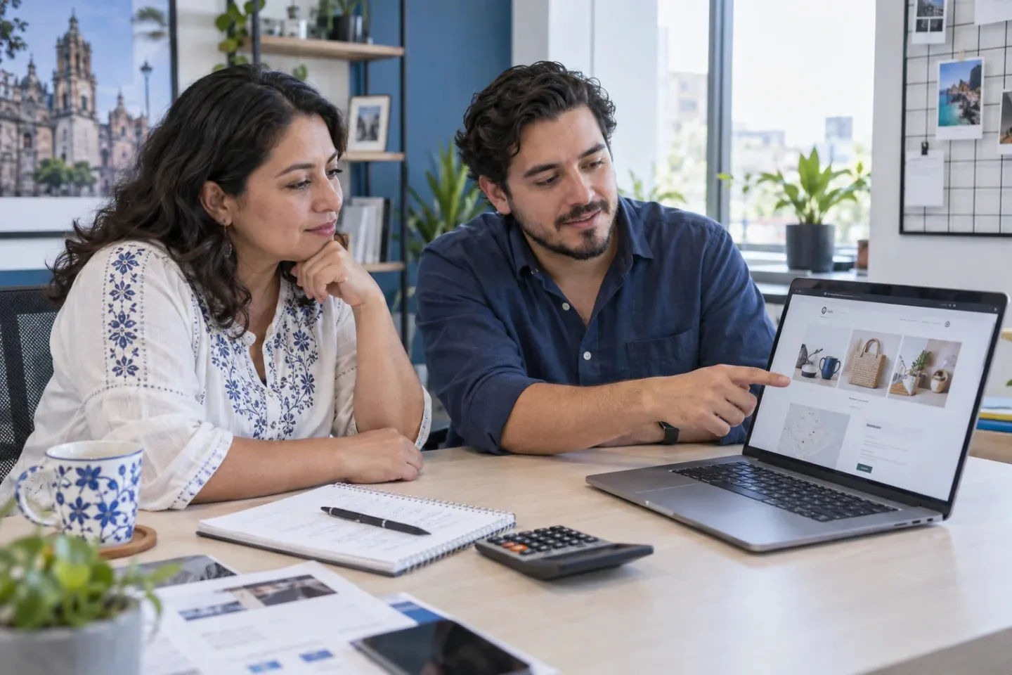 Cliente y diseñador revisando una propuesta de página web y su presupuesto
