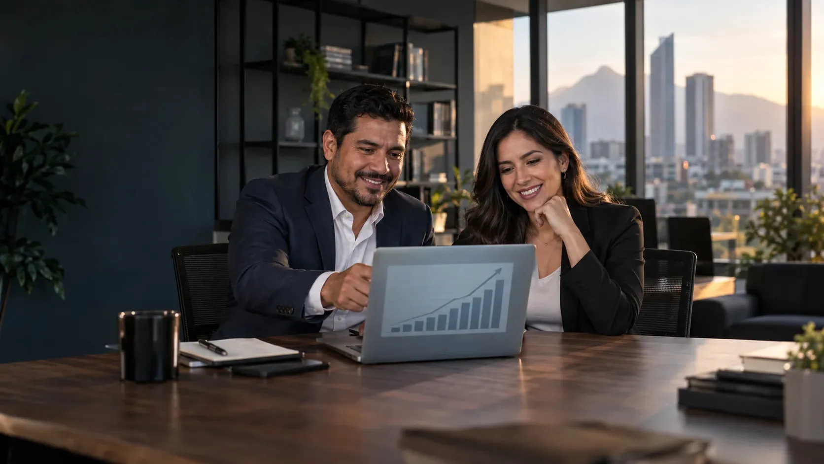 Empresarios satisfechos revisando el crecimiento de sus ventas en una computadora