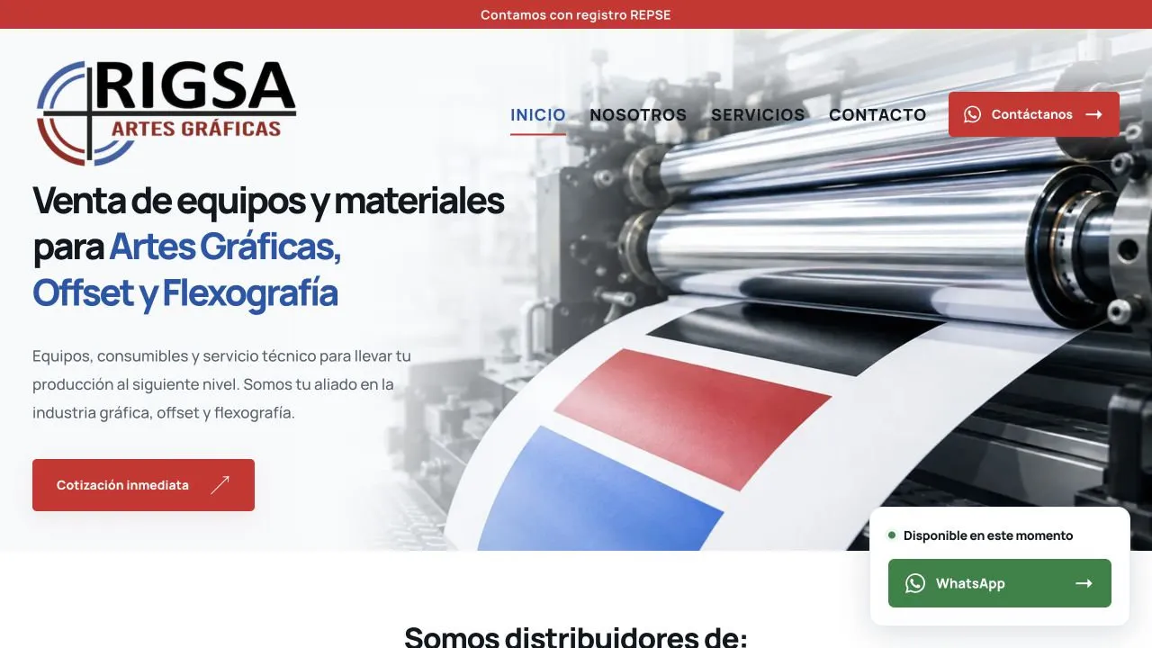 Captura del rediseño de la página web de RIGSA Artes Gráficas, con equipos de impresión offset y flexografía