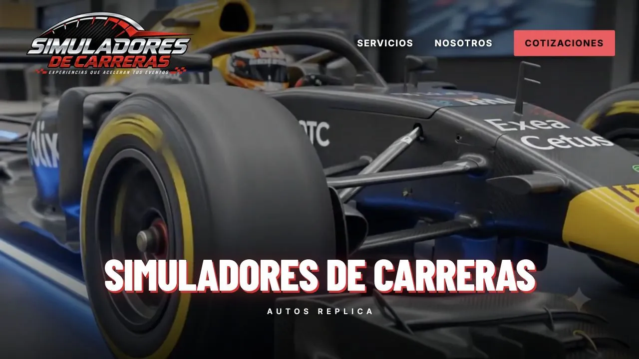 Captura de la página web de Simuladores de Carreras, con su diseño de automovilismo y servicios para eventos