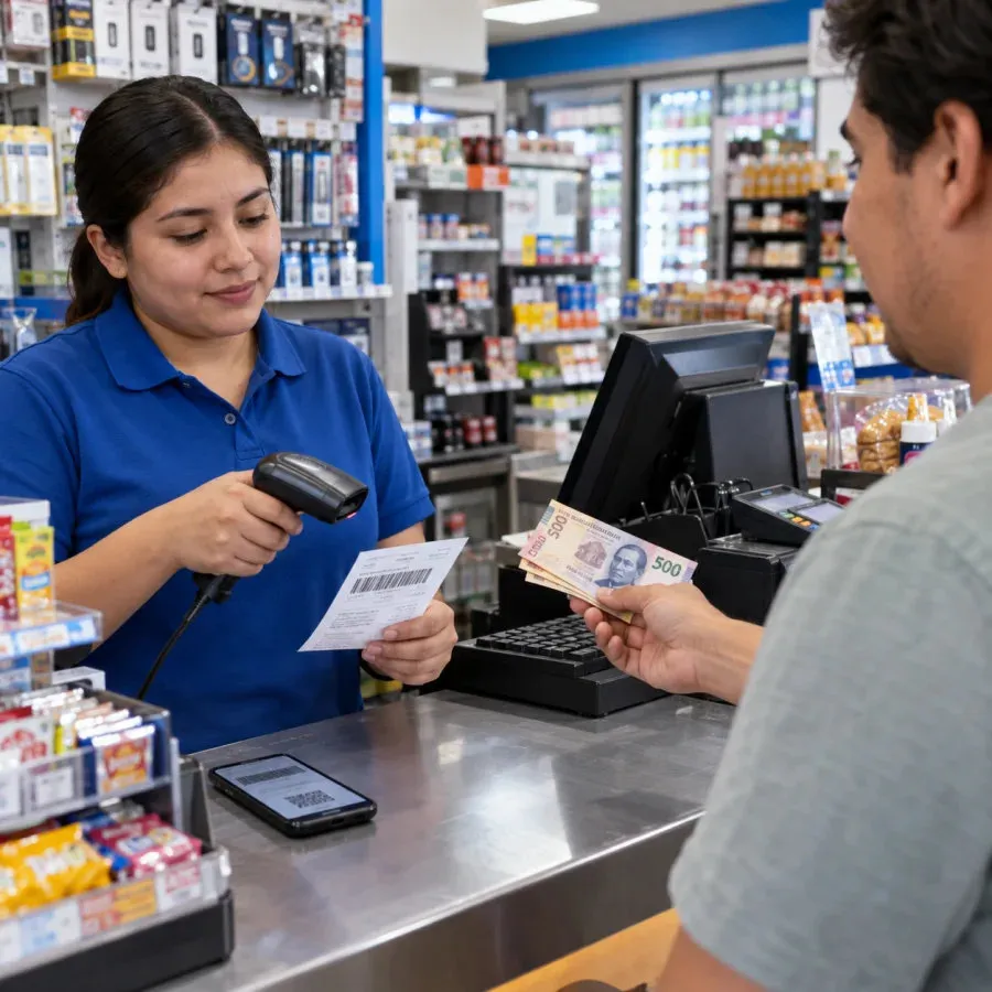 Cliente pagando en efectivo su pedido en una tienda de conveniencia