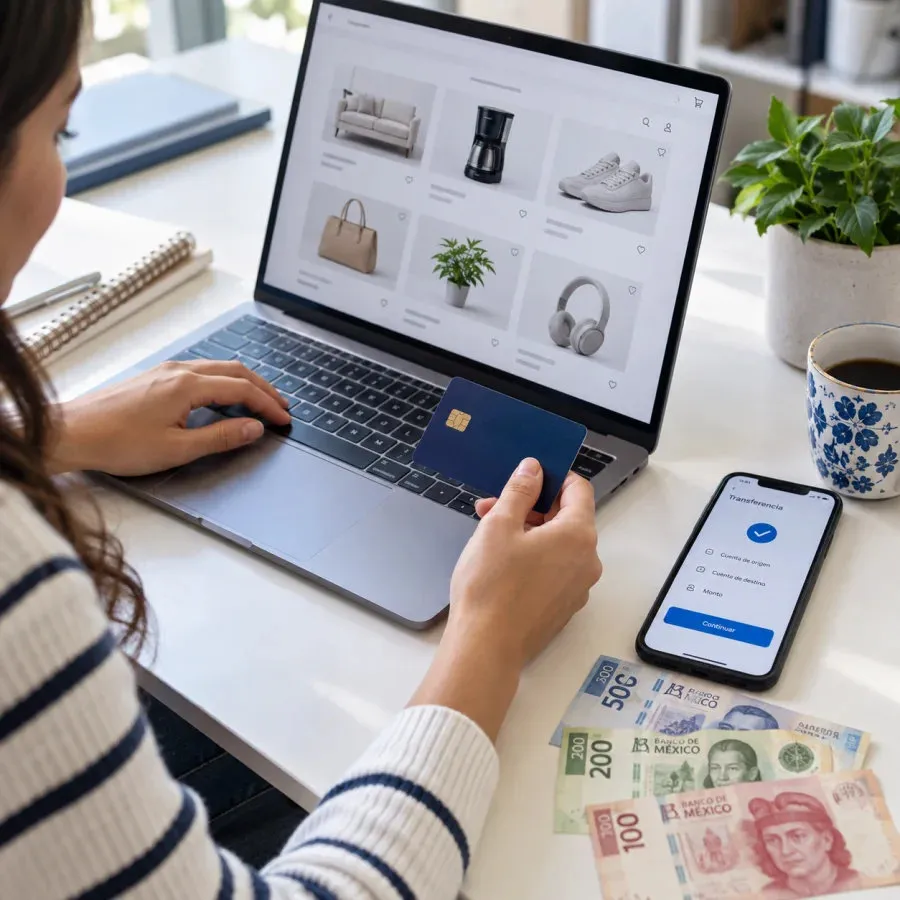 Compra en una tienda virtual con tarjeta, transferencia y efectivo