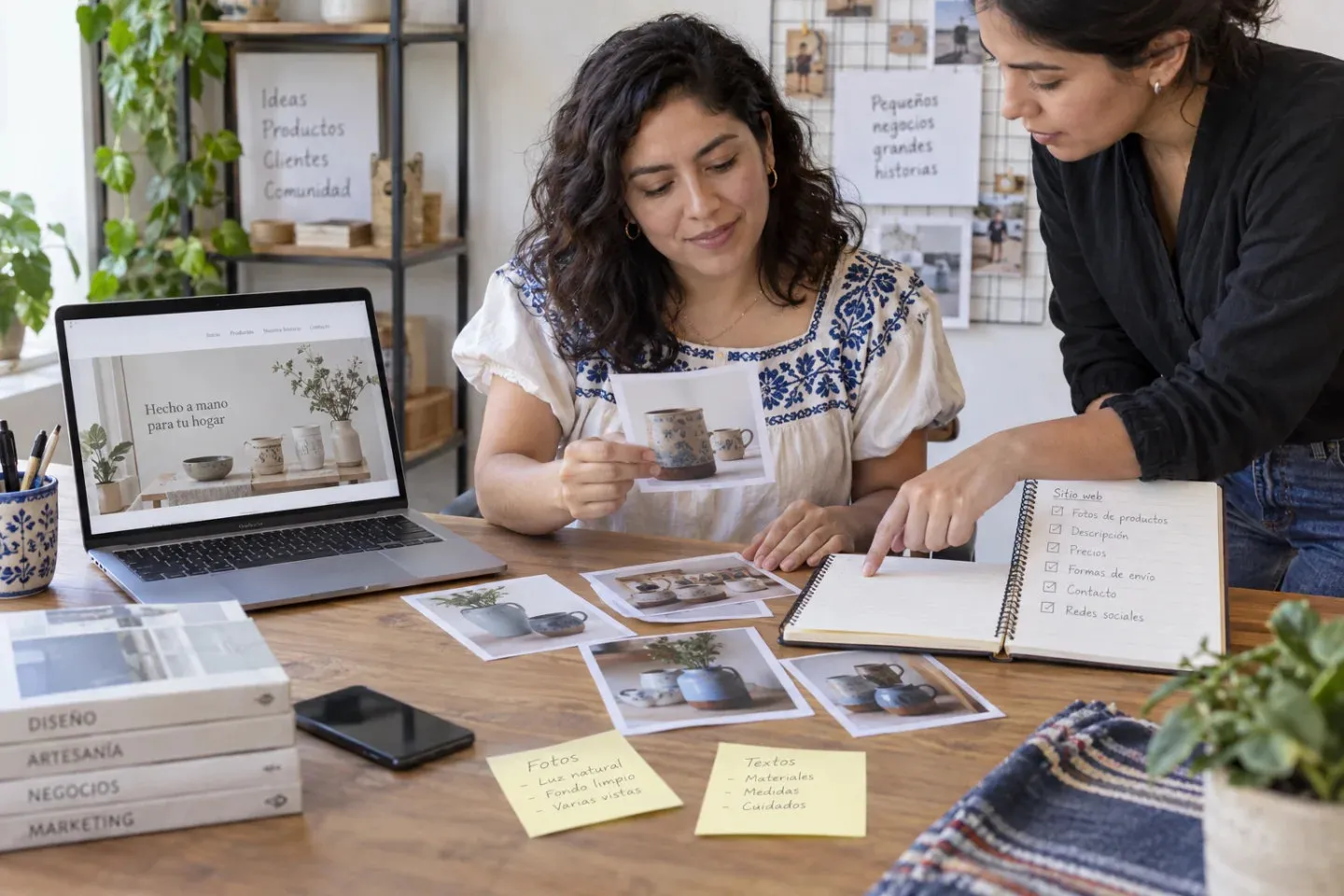 Emprendedora organizando fotografías e información para crear su página web